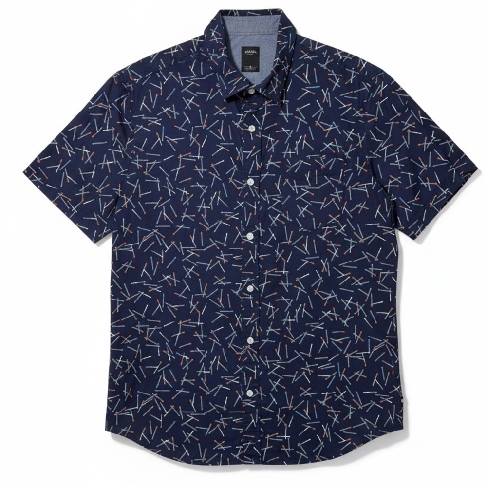 Union Men’s Blue Matchstick Print Short Sleeve Button-Down Shirt in Medium